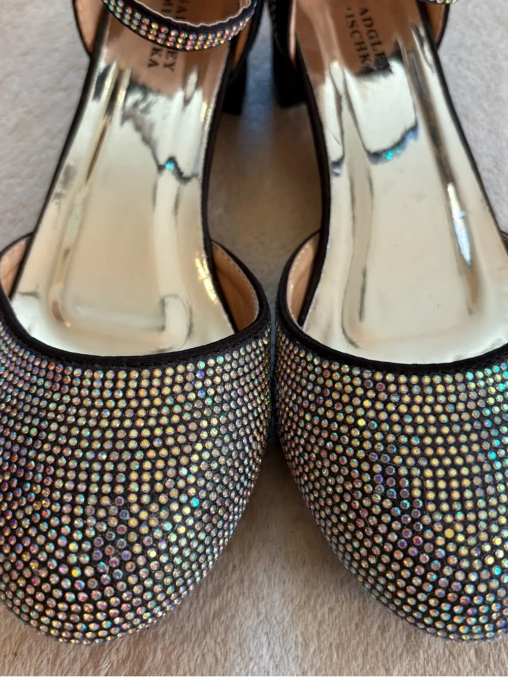 Badgley Mischka Girl’s Iridescent Crystal Ankle-Strap Block Heel Sz 3